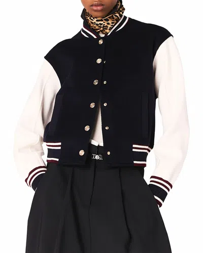 Maje Womens Navy Ribbed-collar Two-tone Wool Bomber Jacket In Multi