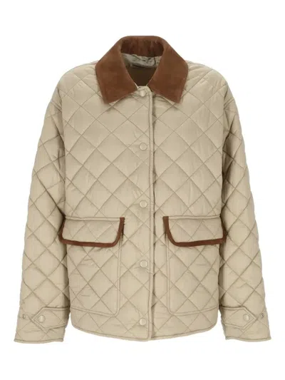 Miu Miu Quilted Jacket With Suede Collar And Pockets In Neutral