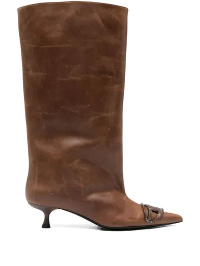 Diesel Brown Leather High Boots With Kitten Heel And Pointed Toe In Brown