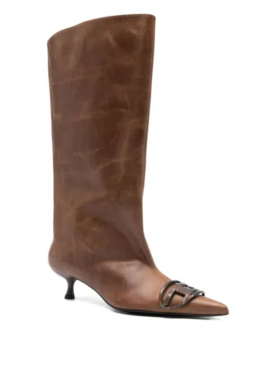 Diesel Brown Leather High Boots With Kitten Heel And Pointed Toe In Brown