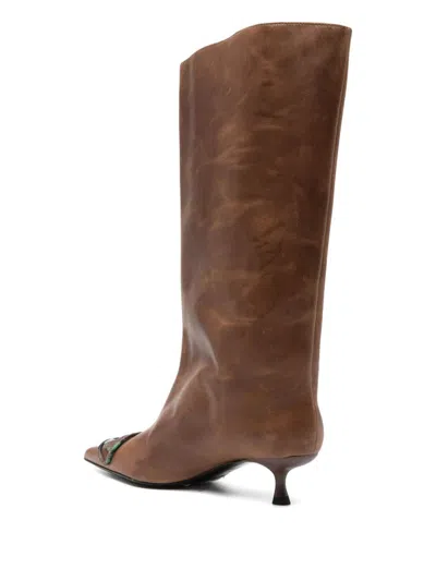 Diesel Brown Leather High Boots With Kitten Heel And Pointed Toe In Brown