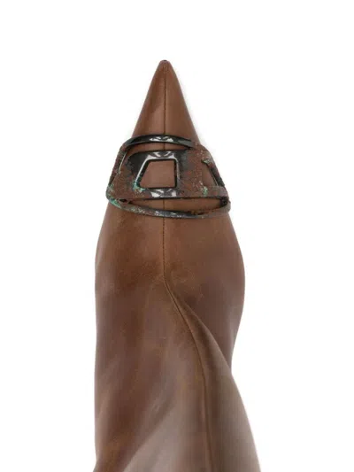 Diesel Brown Leather High Boots With Kitten Heel And Pointed Toe In Brown