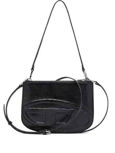 Diesel Twin-double-pouch Embossed-leather Shoulder Bag In Black