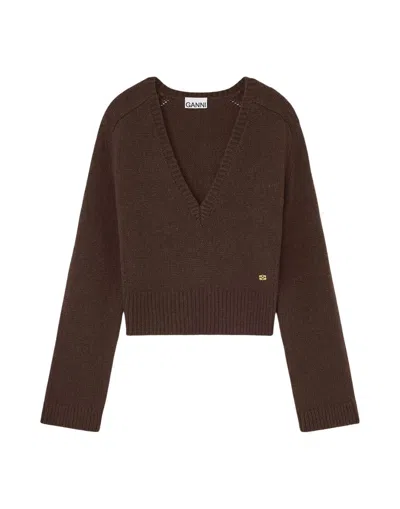 Ganni V-neck Sweater In Brown