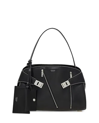 Ferragamo Hug Soft Shoulder Bag Multi-zip (m) In Black