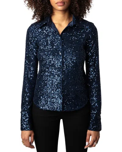 Zadig & Voltaire Tawny Sequined Button-front Top In Blue