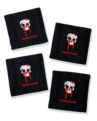 Tiramisu Deadly Drinks Embroidered Linen Cocktail Napkins In Black