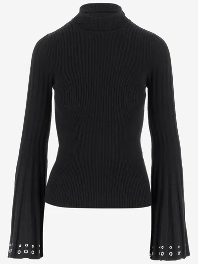 Blumarine High-neck Sweater With Flared Sleeves In Black