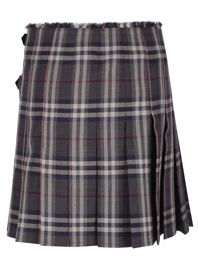 Burberry Leather-trimmed Pleated Checked Wool Mini Skirt In Blue