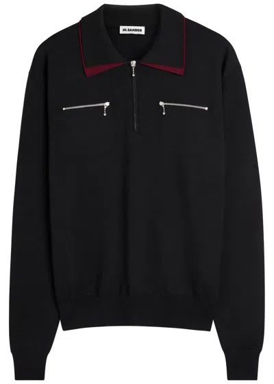 Jil Sander Black Sweater With Classic Collar And Front Zip Pockets In Wool Man In Black