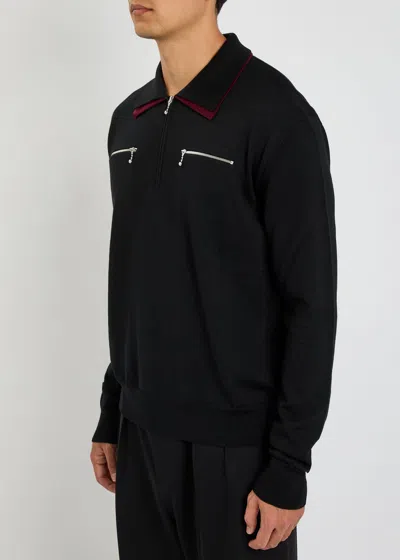 Jil Sander Black Sweater With Classic Collar And Front Zip Pockets In Wool Man In Black