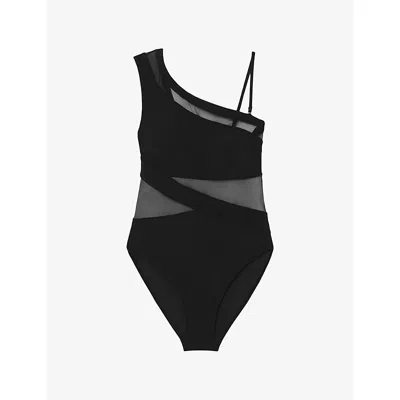 Reiss Womens Black Davina One-shoulder Mesh Swimsuit In Black