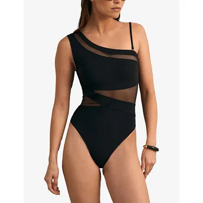Reiss Womens Black Davina One-shoulder Mesh Swimsuit In Black