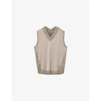 Allsaints Womens Taupe Grey Bern Stud-embellished Satin And Wool Tank Top In Gray