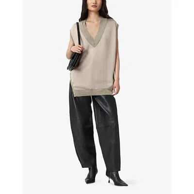 Allsaints Womens Taupe Grey Bern Stud-embellished Satin And Wool Tank Top In Gray