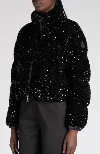 Moncler Textured Cropped Down Jacket With High Collar In Black