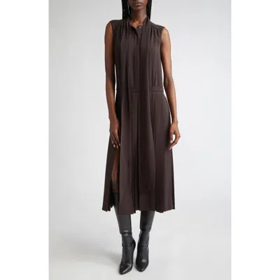 Michael Kors Collection Pleated Tie Neck Sleeveless Silk Shirtdress In Brown