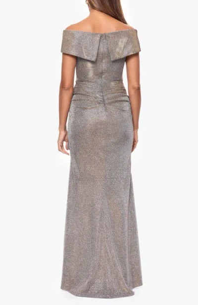 Xscape Evenings Cascade Ruffle Detail Off The Shoulder Metallic Knit Gown In Gray