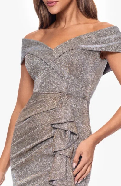 Xscape Evenings Cascade Ruffle Detail Off The Shoulder Metallic Knit Gown In Gray