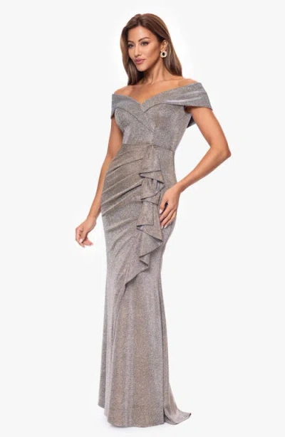 Xscape Evenings Cascade Ruffle Detail Off The Shoulder Metallic Knit Gown In Gray