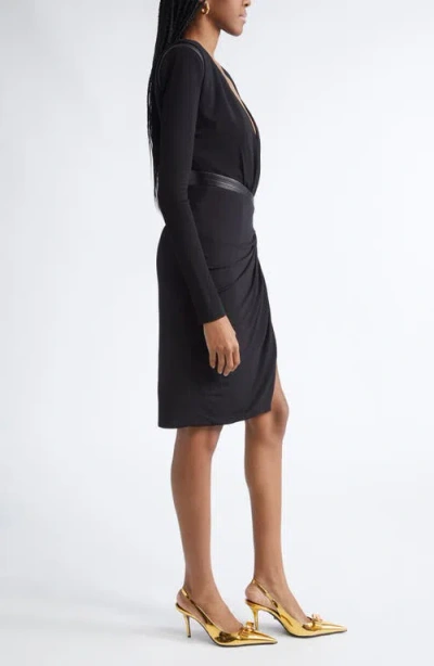 Versace Draped Long Sleeve Dress With Shoulder Pads In Blue