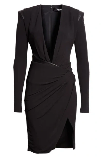 Versace Draped Long Sleeve Dress With Shoulder Pads In Blue