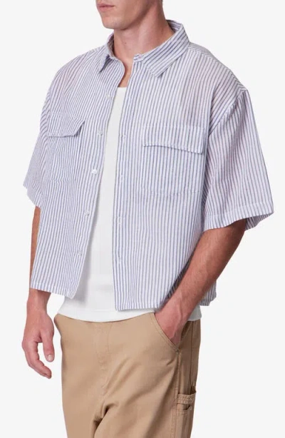 Mnml Stripe Crop Boxy Short Sleeve Button-up Shirt In Blue