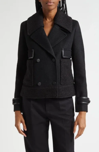 Emporio Armani Double-breasted Peacoat With Faux Leather Trim In Black