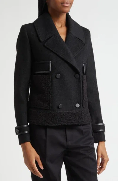 Emporio Armani Double-breasted Peacoat With Faux Leather Trim In Black