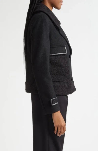 Emporio Armani Double-breasted Peacoat With Faux Leather Trim In Black