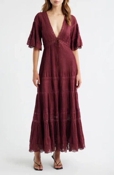 Loveshackfancy Marlowe Lace-detail Cotton Midi Dress In Burgundy In Burgundy