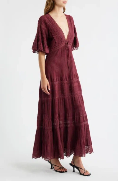 Loveshackfancy Marlowe Lace-detail Cotton Midi Dress In Burgundy In Burgundy