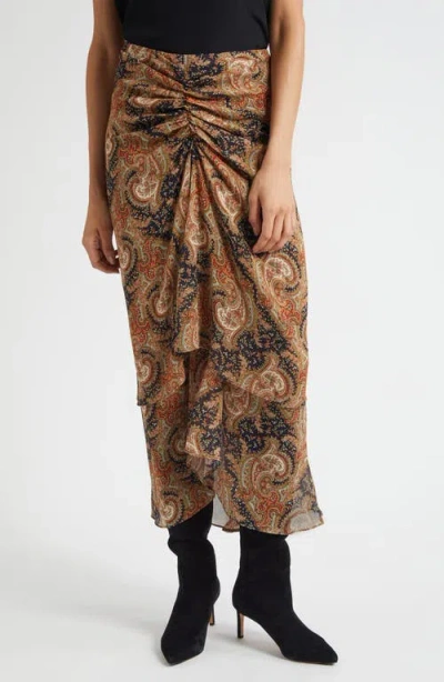 Veronica Beard Sira Paisley Print Ruffle Silk High-low Skirt In Brown