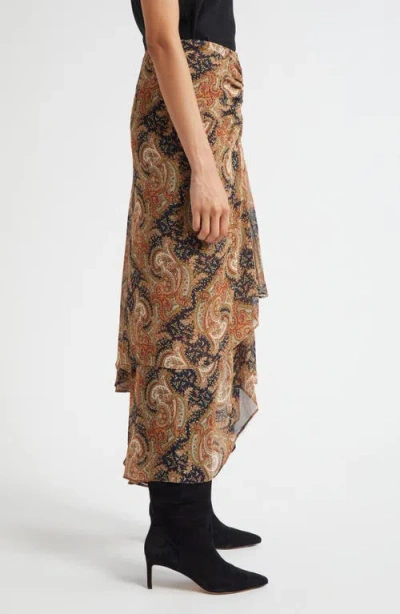 Veronica Beard Sira Paisley Print Ruffle Silk High-low Skirt In Brown
