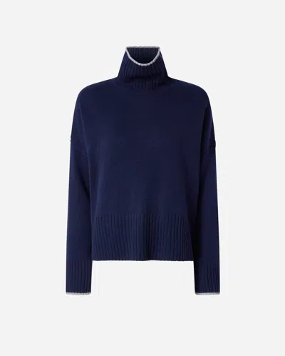 Pinko Blue Turtleneck Sweater With Back Logo In Wool Woman In Blue