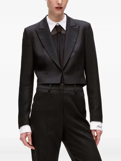 Karl Lagerfeld Rhinestone Lapel Cropped Jacket In Black