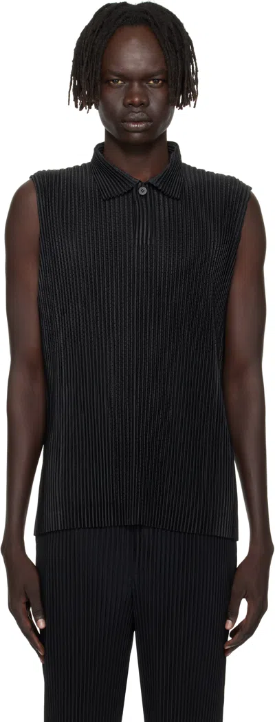 Issey Miyake Pleated Knit Polo Shirt In Black