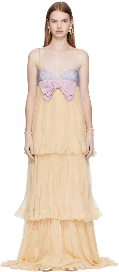 Valentino Crystal Creponne Bow Tiered Chiffon Babydoll Gown In Brown