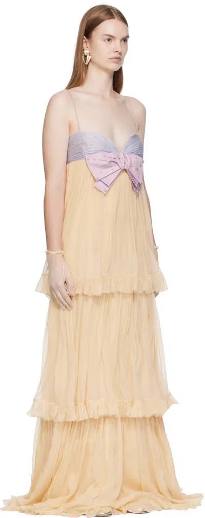 Valentino Crystal Creponne Bow Tiered Chiffon Babydoll Gown In Brown