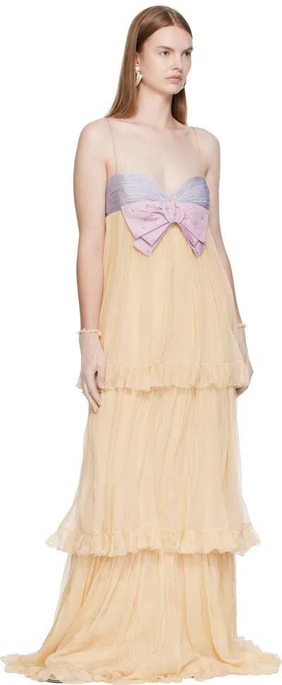 Valentino Crystal Creponne Bow Tiered Chiffon Babydoll Gown In Brown