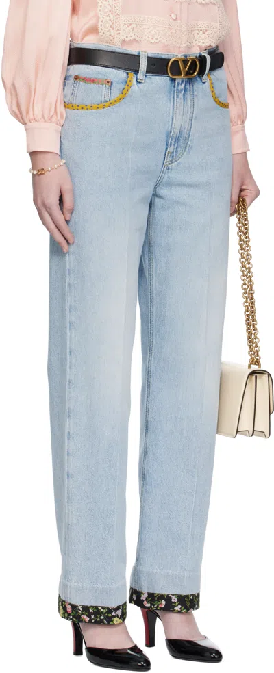 Valentino Stitched Denim Trousers With Embroidered Accents In Blue