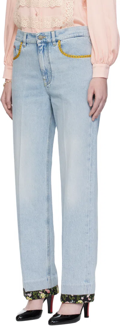 Valentino Stitched Denim Trousers With Embroidered Accents In Blue