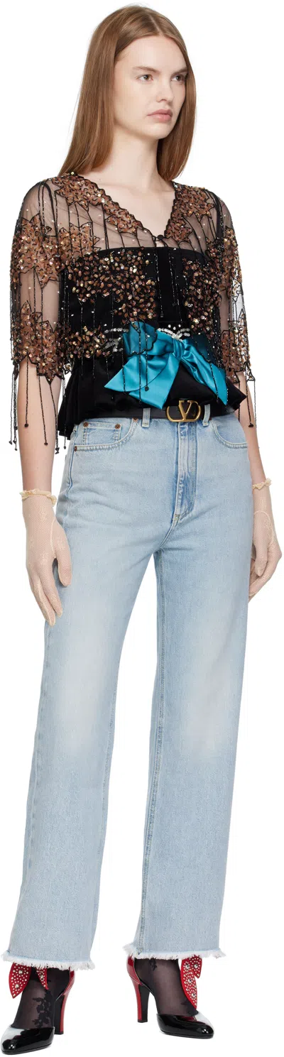 Valentino Womens Denim Blu Lav Chiaro Frayed-hem Straight-leg Denim Jeans In Blue