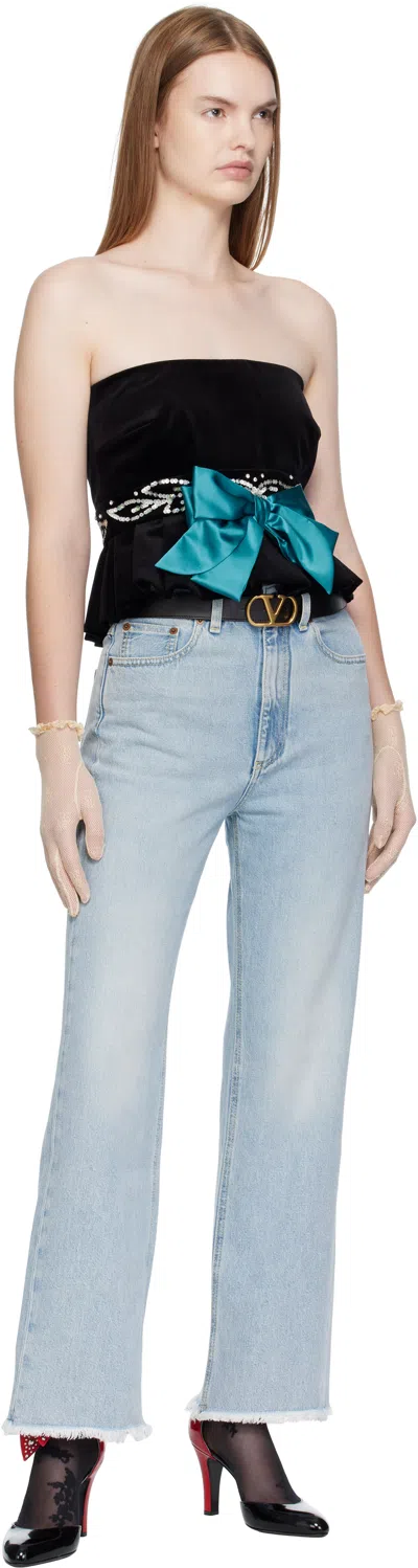 Valentino Embellished Satin-trimmed Cropped Cotton-blend Velvet Peplum Top In Black