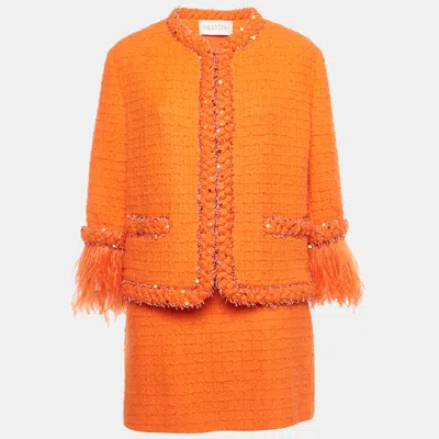 Pre-owned Valentino Orange Embellished Tweed Open Front Jacket & Skirt Set S/m