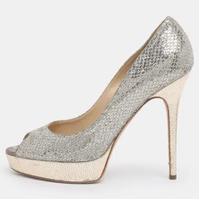 Pre-owned Jimmy Choo Metallic Silver/gold Lamé Fabric And Glitter Dahlia Platform Pumps Size 40