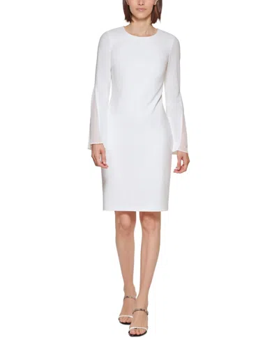 Calvin Klein Dress Women's White Chiffon Bell Sleeve Round Neck Sheath Jdm1812 In White