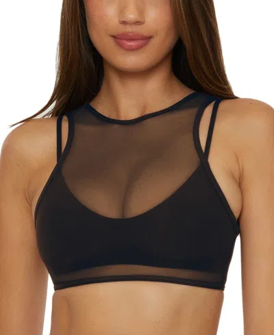 Becca Womens Muse Mesh Overlay Multi Way Bralette Bikini Top Mesh Inset Side Tie Bottoms In Black