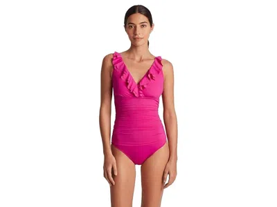 Ralph Lauren Beach Club Swimsuits Women's Blue Ruffle One-piece Buu472 In Brown