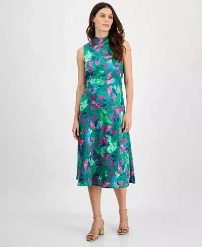 Tahari Asl Midi Dress Women's Jade Rose Print Lined Sleeveless Mock Neck Fts1429 In Animal Print